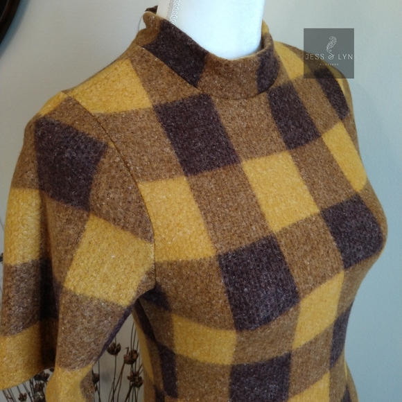 🆕 JAYME-Mustard/Brown Checkered Hi Neck Dress - Picture 7 of 8